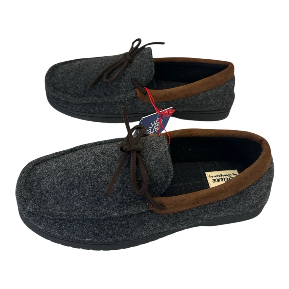 Dearfoams Men's Deluxe House Slippers Comfort Gray‎ and Brown, Size 7-8 Small